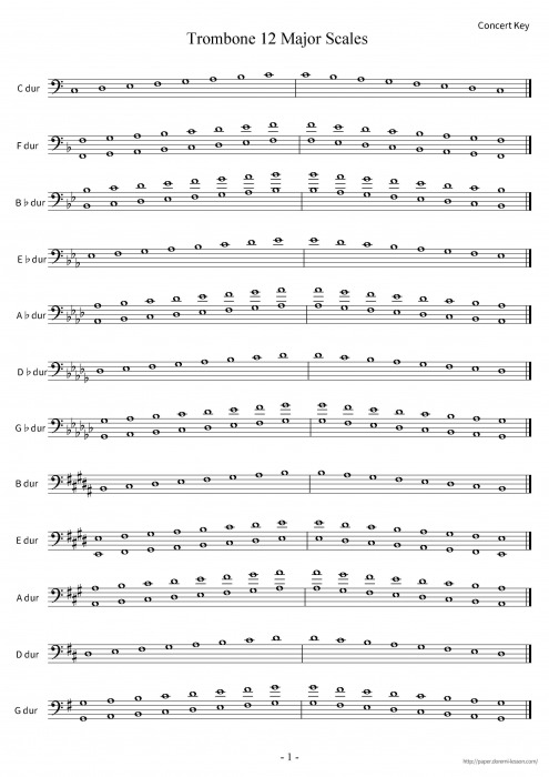 トロンボーンのための12メジャースケール Trombone 12major Scales どれみレッスン プリント