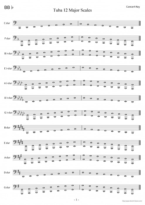 B トランペットのための12メジャースケール B Flat Trumpet 12major Scales どれみレッスン プリント