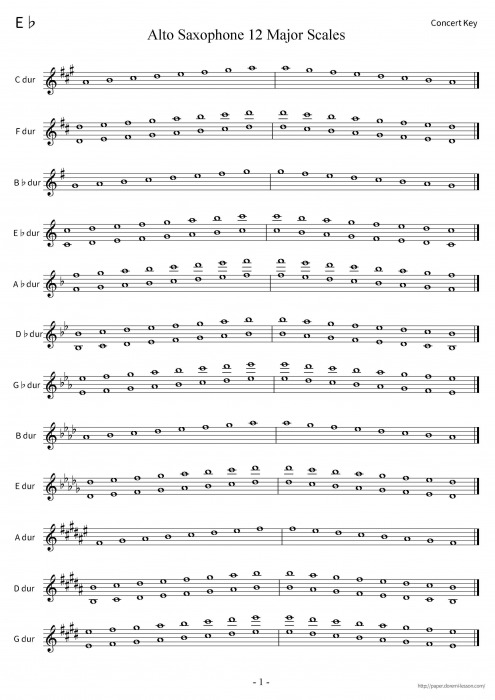 B バスクラリネットのための12メジャースケール B Flat Bass Clarinet 12major Scales どれみレッスン プリント